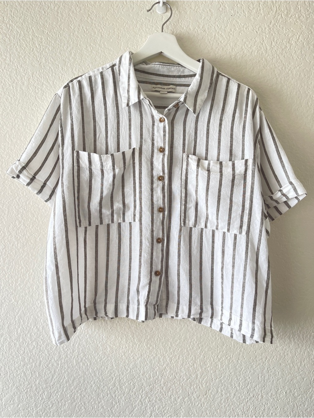 Striped Short-Sleeve Button-Up Shirt - White & Taupe/Gray